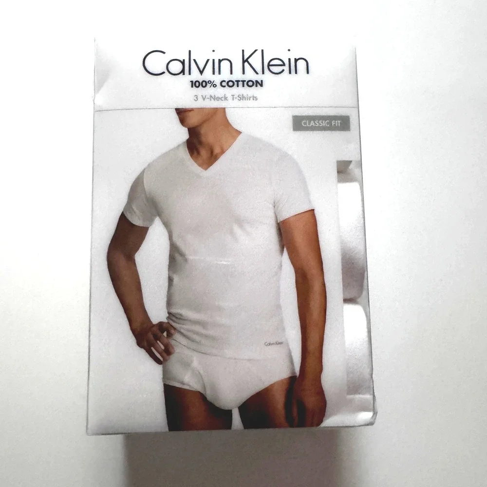 Calvin Klein Men 3 Pack White 100% Cotton V-Neck T-Shirts Classic Fit Size L